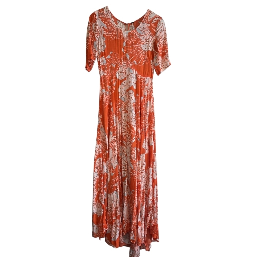 Free People First Kiss Tropical Floral Short Sleeves Boho Maxi Dress Sz S Flowy